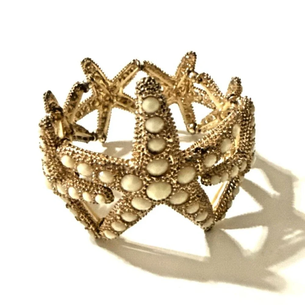 Starfish Bracelet White Rhinestone Gold Tone Beach Sea Life Statement Stretch
